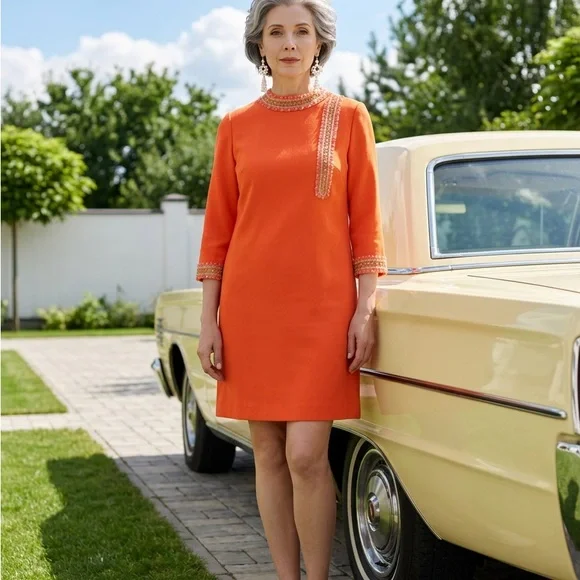 Vintage Chic Orange Midi Dress with Gold & White Embellishment - Picture 3 of 10